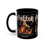 Fighter Accent Coffee Mug 11oz 15oz Black Ceramic Cup with Greek Warrior Statue and Flames Design for Hustlers and Motivated Minds