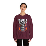 Unisex Heavy Blend Crewneck Sweatshirt Humble Angel Statue Graphic Pullover Streetwear Fire Print Bold Motivational Urban Fashion Outfit