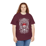 Mystic Warrior Goddess Unisex Heavy Cotton Tee Bold Monochrome Tribal Design Powerful Feminine Energy Streetwear Graphic T-Shirt for Art Lovers Festivals and Everyday Wear