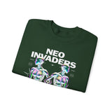 Neo Invaders Futuristic Holographic Graphic Unisex Heavy Blend Crewneck Sweatshirt Sci Fi Cyberpunk Streetwear Bold Statement Pullover