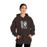 Universe Beyond The Cosmos Unisex Heavy Blend Hooded Sweatshirt Graphic Hoodie Black Skeleton Hand Space Infinity Streetwear Futuristic Sci Fi Artistic Fashion Outfit