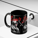 Brave Soul Warrior Accent Coffee Mug 11oz 15oz Black Ceramic Two Tone Cup Bold Statue Design with Red Script Gift for Coffee Lovers