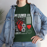 Heart Flower Graphic Unisex Heavy Cotton Tee Comfortable Streetwear T Shirt Bold Red and Black Floral Heart Design Symbol of Love Strength and Vitality Perfect Gift for Friends Birthdays and Casual Everyday Wear