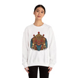 Unisex Mythical Tribal Mask Crewneck Sweatshirt Heavy Blend Pullover Cultural Warrior Spirit Inspired Festival Graphic Art Streetwear Top