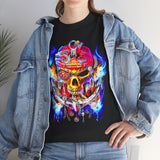 Flaming Pirate Skull Unisex Heavy Cotton Tee Bold Nautical Skull Streetwear T Shirt Fiery Gothic Rebellion Design Perfect For Bikers Gamers Artists And Metal Lovers