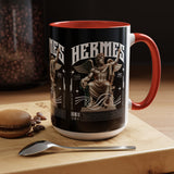 Hermes Accent Coffee Mug 11oz 15oz Black Ceramic Mythology Cup with Greek God Winged Statue Design for History Lovers and Art Enthusiasts