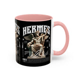 Hermes Accent Coffee Mug 11oz 15oz Black Ceramic Mythology Cup with Greek God Winged Statue Design for History Lovers and Art Enthusiasts