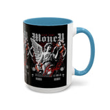 Money Bright Angel Accent Coffee Mug 11oz 15oz Gothic Statue Black Ceramic Cup with Red Flames and Cash Design for Hustlers