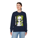 Not Alone Alien Unisex Crewneck Sweatshirt UFO Cartoon Graphic Pullover Extraterrestrial Sci Fi Space Themed Conspiracy Inspired Paranormal Streetwear