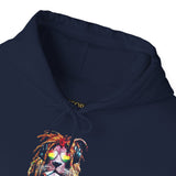 Rasta Lion Unisex Heavy Blend Hooded Sweatshirt Reggae Inspired Bold Lion Headphones Design Vibrant Jamaican Streetwear Hoodie Symbol of Strength Rhythm and Freedom