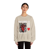 Heart Flower Graphic Unisex Heavy Blend Crewneck Sweatshirt Comfortable Streetwear Pullover Bold Red and Black Floral Heart Design Symbol of Love Strength and Vitality Perfect Gift for Friends Birthdays Cozy Days and Everyday Wear