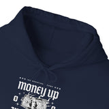 Money Up In Flames Unisex Heavy Blend Hooded Sweatshirt Graphic Hoodie Black Bold Hustle Fire Money Design Streetwear Entrepreneur Alpha Mindset Wealth Fashion