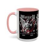 Money Bright Angel Accent Coffee Mug 11oz 15oz Gothic Statue Black Ceramic Cup with Red Flames and Cash Design for Hustlers