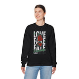 Love Fake Friendship Rose Crewneck Comfortable Unisex Sweatshirt Bold Graphic Streetwear Pullover Empowering Artistic Floral Design For Self Expression Perfect Gift For Friends Birthdays Cozy Days Casual Wear