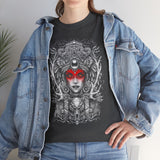 Mystic Warrior Goddess Unisex Heavy Cotton Tee Bold Monochrome Tribal Design Powerful Feminine Energy Streetwear Graphic T-Shirt for Art Lovers Festivals and Everyday Wear