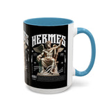 Hermes Accent Coffee Mug 11oz 15oz Black Ceramic Mythology Cup with Greek God Winged Statue Design for History Lovers and Art Enthusiasts