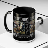 Fearless Devotion Accent Coffee Mug 11oz 15oz Black Ceramic Cup with Warrior on Horse Artwork for Courage Loyalty and Strength Lovers