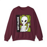 Not Alone Alien Unisex Crewneck Sweatshirt UFO Cartoon Graphic Pullover Extraterrestrial Sci Fi Space Themed Conspiracy Inspired Paranormal Streetwear