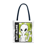 Not Alone Alien Tote Bag Sci Fi Extraterrestrial UFO Design Canvas Bag Space Lover Reusable Eco Friendly Durable Shopping Travel Lifestyle Tote