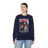 Mystic Mask Flames Graphic Unisex Heavy Blend Crewneck Sweatshirt Hustler Streetwear Motivational Dark Mystery Bold Fire Design