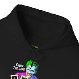 Joker-Enjoy The Game Unisex Hoodie Bold Gothic Streetwear Dark Psychological Art Design Comfortable Heavy Blend Pullover for Fearless Creators and Thinkers