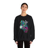 Seahorse Knight Neon Warrior Unisex Heavy Blend Crewneck Sweatshirt Vibrant Cyberpunk Fantasy Streetwear Pullover Futuristic Oceanic Armor Design For Gamers Creators Dreamers And Art Lovers