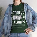 Money Up In Flames Unisex Heavy Cotton Tee Graphic T Shirt Black Streetwear Bold Money Graphic Fire Design Hustler Entrepreneur Alpha Mindset Wealth Fashion