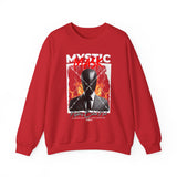 Mystic Mask Flames Graphic Unisex Heavy Blend Crewneck Sweatshirt Hustler Streetwear Motivational Dark Mystery Bold Fire Design
