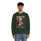 Haunted Warrior Unisex Heavy Blend Crewneck Sweatshirt Graphic Pullover Black Samurai Ninja Fighter Bold Red Streetwear Futuristic Artistic Fashion Outfit