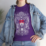 Mystic Warrior Goddess Unisex Heavy Cotton Tee Bold Monochrome Tribal Design Powerful Feminine Energy Streetwear Graphic T-Shirt for Art Lovers Festivals and Everyday Wear