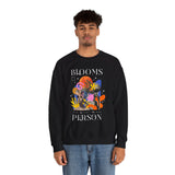 Blooms Person Unisex Heavy Blend Crewneck Sweatshirt Graphic Pullover Black Abstract Colorful Floral Head Artistic Modern Streetwear Creative Futuristic Fashion Outfit