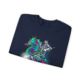 Seahorse Knight Neon Warrior Unisex Heavy Blend Crewneck Sweatshirt Vibrant Cyberpunk Fantasy Streetwear Pullover Futuristic Oceanic Armor Design For Gamers Creators Dreamers And Art Lovers