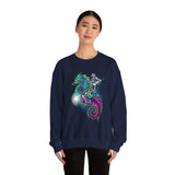 Seahorse Knight Neon Warrior Unisex Heavy Blend Crewneck Sweatshirt Vibrant Cyberpunk Fantasy Streetwear Pullover Futuristic Oceanic Armor Design For Gamers Creators Dreamers And Art Lovers