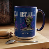 Historical Accent Coffee Mug 11oz 15oz Black Ceramic Cup with Greek Goddess Statue and Purple Floral Design for Art and History Lovers