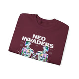 Neo Invaders Futuristic Holographic Graphic Unisex Heavy Blend Crewneck Sweatshirt Sci Fi Cyberpunk Streetwear Bold Statement Pullover