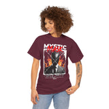Mystic Mask Flames Graphic Unisex Heavy Cotton Tee Hustler Streetwear Motivational Dark Mystery Bold Design