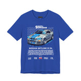 Nissan Skyline GT R R34 Inspired Illustrated JDM Racing Car Graphic T Shirt Iconic Japanese Performance Street Racing Culture Automotive Streetwear Gift For Car Enthusiasts