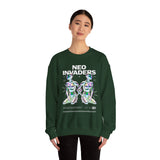 Neo Invaders Futuristic Holographic Graphic Unisex Heavy Blend Crewneck Sweatshirt Sci Fi Cyberpunk Streetwear Bold Statement Pullover