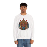 Unisex Mythical Tribal Mask Crewneck Sweatshirt Heavy Blend Pullover Cultural Warrior Spirit Inspired Festival Graphic Art Streetwear Top