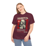 Haunted Warrior Unisex Heavy Cotton Tee Graphic Black T Shirt Bold Red Samurai Ninja Inspired Futuristic Streetwear Artistic Fashion Outfit