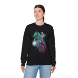Seahorse Knight Neon Warrior Unisex Heavy Blend Crewneck Sweatshirt Vibrant Cyberpunk Fantasy Streetwear Pullover Futuristic Oceanic Armor Design For Gamers Creators Dreamers And Art Lovers