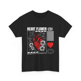 Heart Flower Graphic Unisex Heavy Cotton Tee Comfortable Streetwear T Shirt Bold Red and Black Floral Heart Design Symbol of Love Strength and Vitality Perfect Gift for Friends Birthdays and Casual Everyday Wear