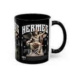 Hermes Accent Coffee Mug 11oz 15oz Black Ceramic Mythology Cup with Greek God Winged Statue Design for History Lovers and Art Enthusiasts
