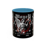 Money Bright Accent Coffee Mug 11oz 15oz Black Ceramic Gothic Angel Statue Design with Red Neon Artwork for Hustlers and Bold Thinkers