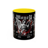 Money Bright Angel Accent Coffee Mug 11oz 15oz Gothic Statue Black Ceramic Cup with Red Flames and Cash Design for Hustlers