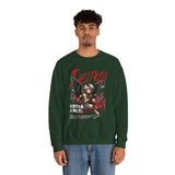 Unisex Heavy Blend Crewneck Sweatshirt Betrayed Angel Destroy Graphic Pullover Black Gothic Streetwear Fire Print Bold Motivational Urban Fashion Outfit