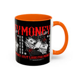 Money Ambition Accent Coffee Mug 11oz 15oz Black Ceramic Cup with Bold Red Typography and Cash Stack Design for Entrepreneurs and Hustlers