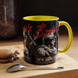 Brave Soul Warrior Accent Coffee Mug 11oz 15oz Black Ceramic Two Tone Cup Bold Statue Design with Red Script Gift for Coffee Lovers