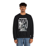Heavenly Bond Unisex Heavy Blend Crewneck Sweatshirt Graphic Pullover Black Angel And Lion Statue Spiritual Streetwear Bold Futuristic Artistic Fashion Outfit