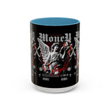 Money Bright Angel Accent Coffee Mug 11oz 15oz Gothic Statue Black Ceramic Cup with Red Flames and Cash Design for Hustlers